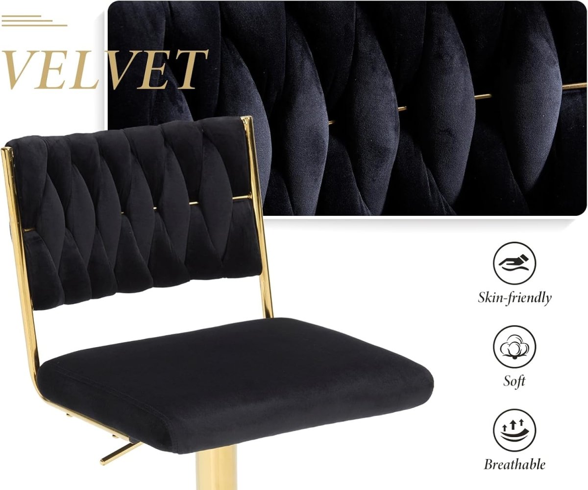 Table & Bar Stools: SERENITà  2x Velvet Bar Stools with Braided Back Elegant Kitchen High Chairs, Kitchen Island Stools Adjustable Height Swivel Bar Chairs with Gold Legs for Home-Black