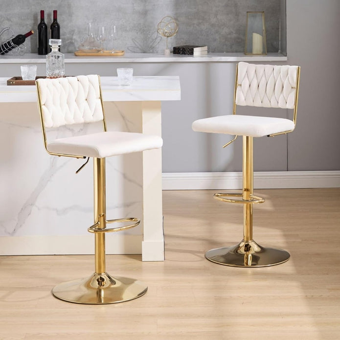 Table & Bar Stools: SERENITà  2x Velvet Bar Stools with Braided Back Elegant Kitchen High Chairs, Kitchen Island Stools Adjustable Height Swivel Bar Chairs with Gold Legs for Home-White