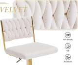 Table & Bar Stools: SERENITà  2x Velvet Bar Stools with Braided Back Elegant Kitchen High Chairs, Kitchen Island Stools Adjustable Height Swivel Bar Chairs with Gold Legs for Home-White