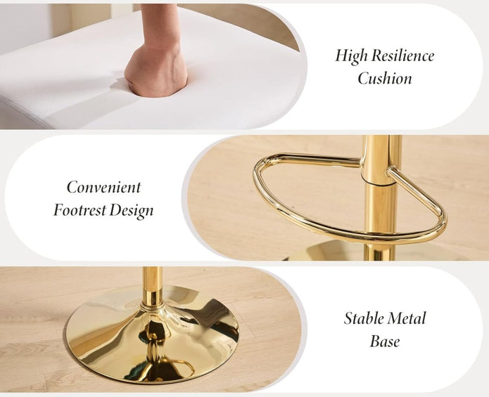 Table & Bar Stools: SERENITà  2x Velvet Bar Stools with Braided Back Elegant Kitchen High Chairs, Kitchen Island Stools Adjustable Height Swivel Bar Chairs with Gold Legs for Home-White