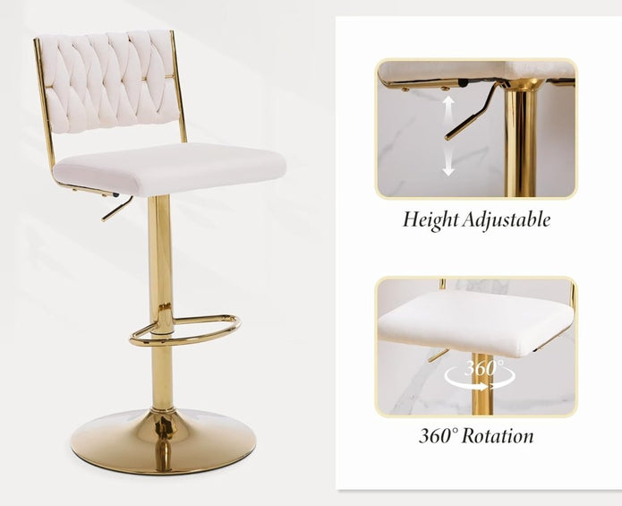 Table & Bar Stools: SERENITà  2x Velvet Bar Stools with Braided Back Elegant Kitchen High Chairs, Kitchen Island Stools Adjustable Height Swivel Bar Chairs with Gold Legs for Home-White