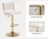 Table & Bar Stools: SERENITà  2x Velvet Bar Stools with Braided Back Elegant Kitchen High Chairs, Kitchen Island Stools Adjustable Height Swivel Bar Chairs with Gold Legs for Home-White