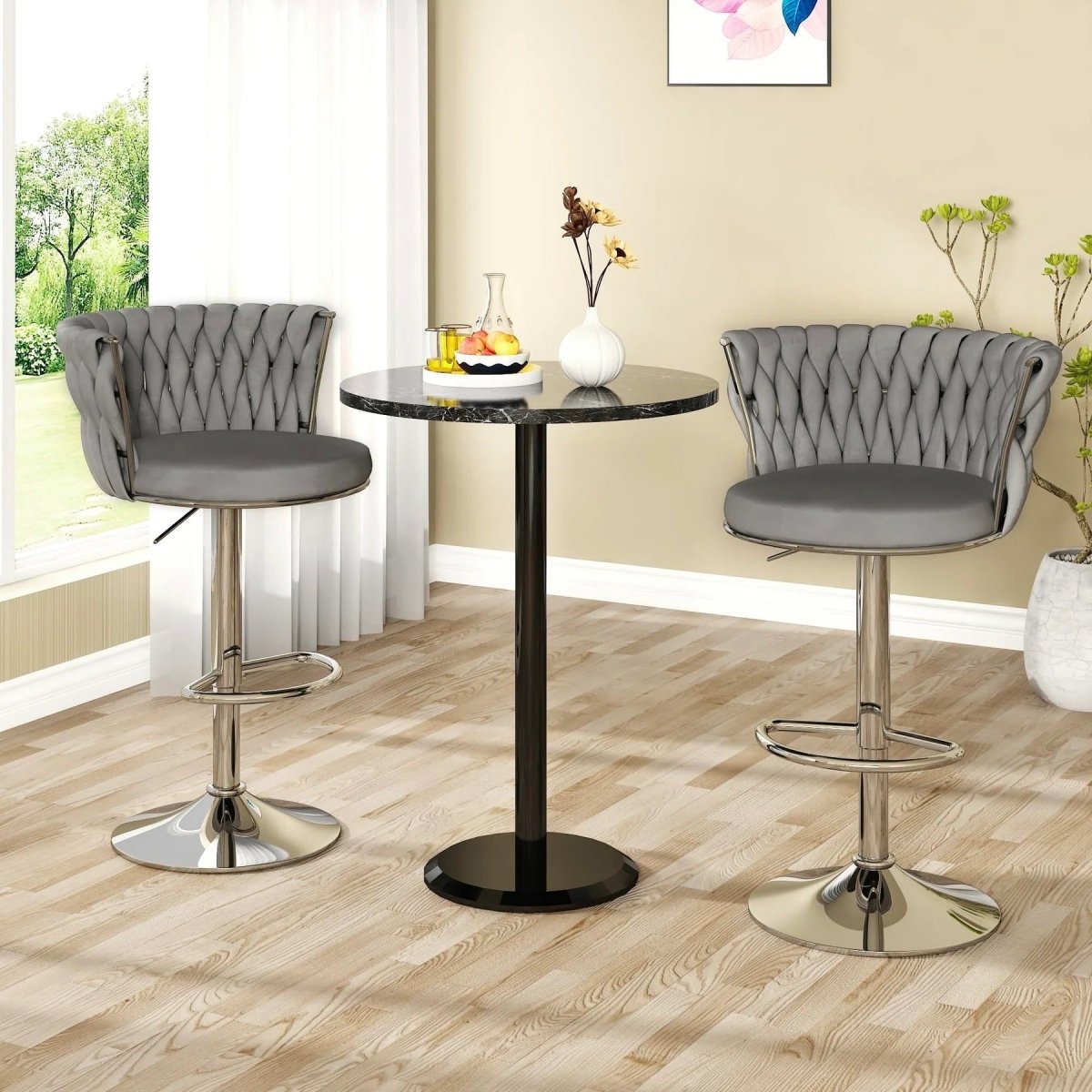 Table & Bar Stools: SERENITà Modern Silver Swivel Upholstered Velvet Adjustable Height Counter Stool with Metal Frame Grey (Set of 2)