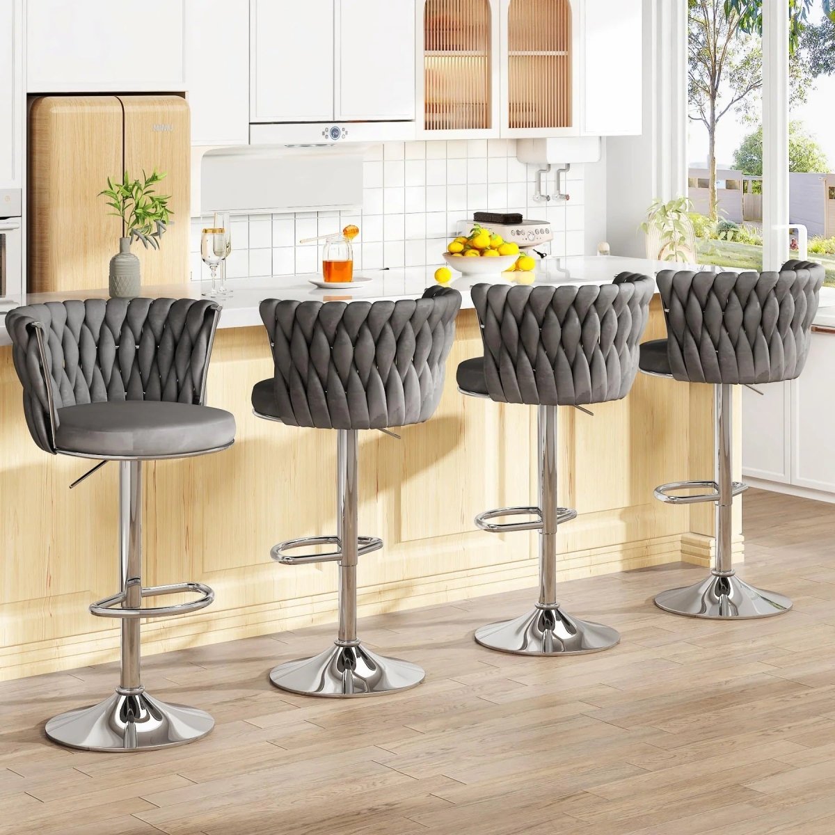Table & Bar Stools: SERENITà Modern Silver Swivel Upholstered Velvet Adjustable Height Counter Stool with Metal Frame Grey (Set of 2)