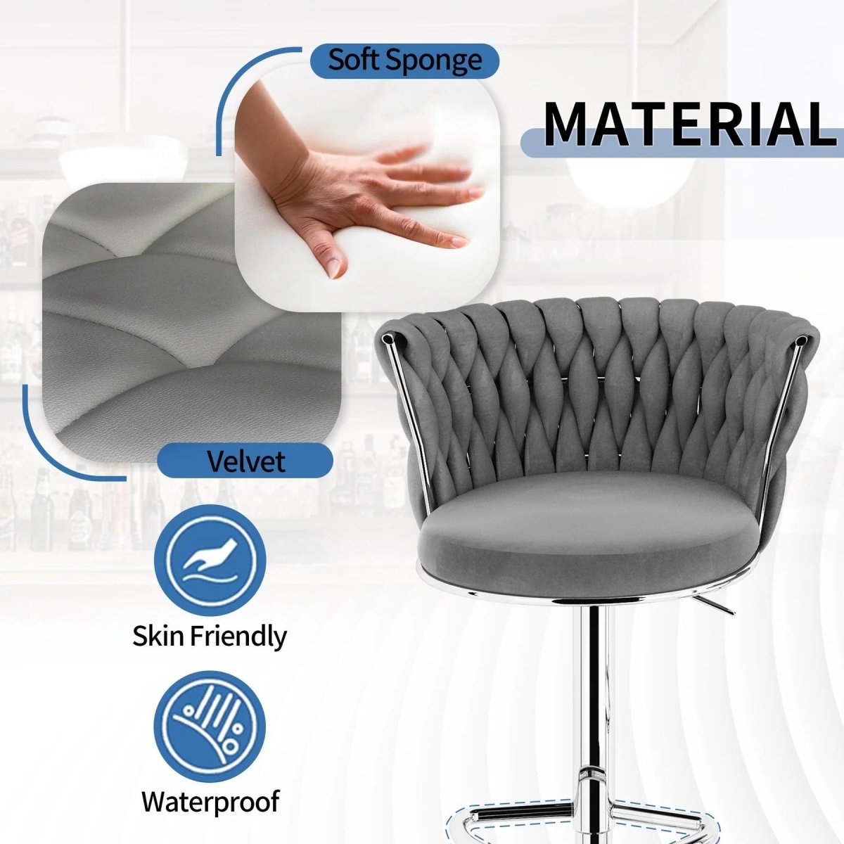Table & Bar Stools: SERENITà Modern Silver Swivel Upholstered Velvet Adjustable Height Counter Stool with Metal Frame Grey (Set of 2)