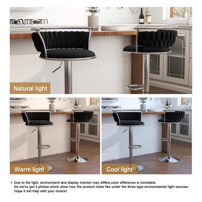 Table & Bar Stools: SERENITà Silver Swivel Upholstered Velvet Adjustable Height Counter Stool with Metal Frame Black (Set of 2)