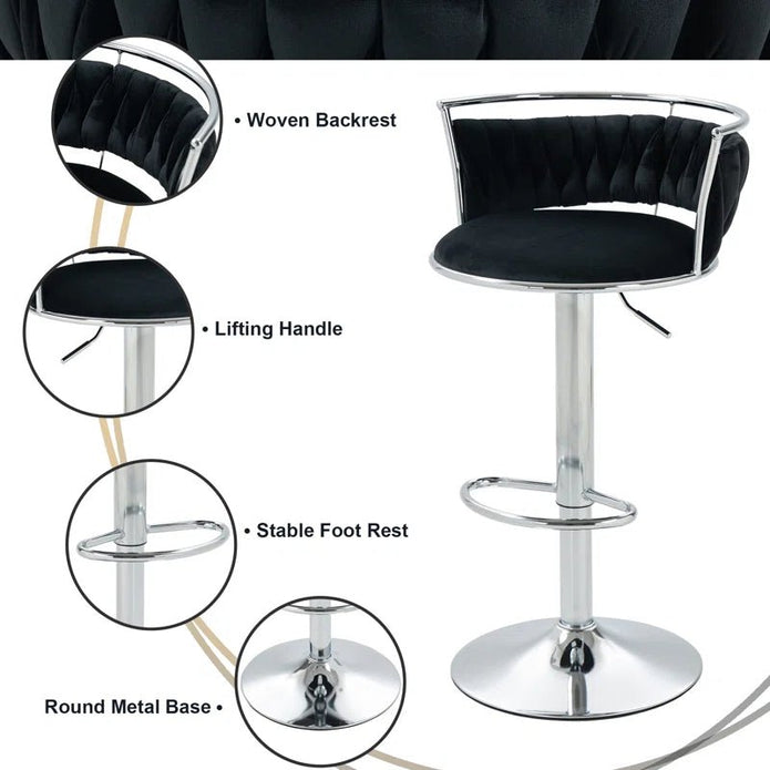 Table & Bar Stools: SERENITà Silver Swivel Upholstered Velvet Adjustable Height Counter Stool with Metal Frame Black (Set of 2)