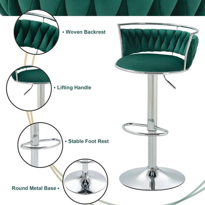 Table & Bar Stools: SERENITà Silver Swivel Upholstered Velvet Adjustable Height Counter Stool with Metal Frame Emerald Green (Set of 2)
