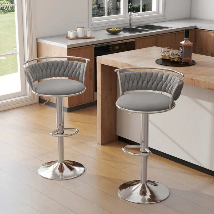 Table & Bar Stools: SERENITà Silver Swivel Upholstered Velvet Adjustable Height Counter Stool with Metal Frame Grey (Set of 2)