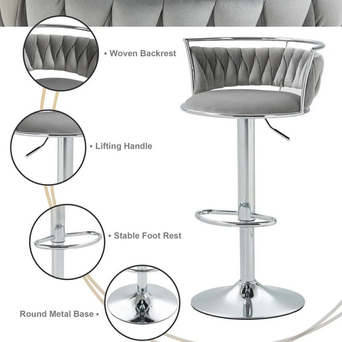 Table & Bar Stools: SERENITà Silver Swivel Upholstered Velvet Adjustable Height Counter Stool with Metal Frame Grey (Set of 2)