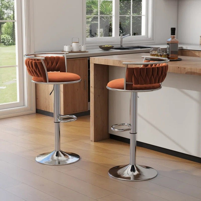 Table & Bar Stools: SERENITà Silver Swivel Upholstered Velvet Adjustable Height Counter Stool with Metal Frame Orange (Set of 2)
