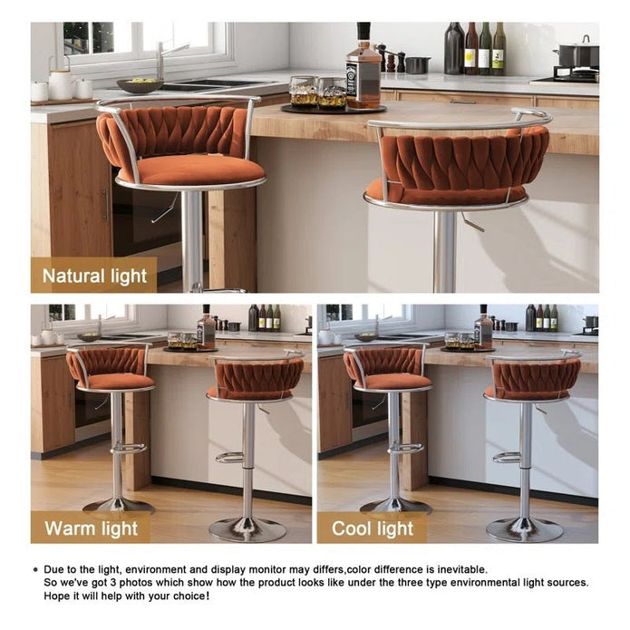 Table & Bar Stools: SERENITà Silver Swivel Upholstered Velvet Adjustable Height Counter Stool with Metal Frame Orange (Set of 2)