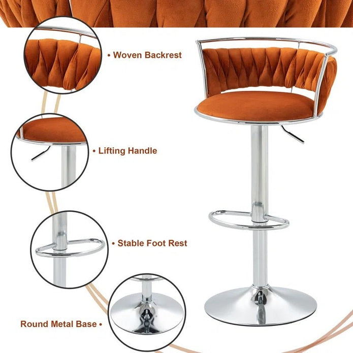 Table & Bar Stools: SERENITà Silver Swivel Upholstered Velvet Adjustable Height Counter Stool with Metal Frame Orange (Set of 2)