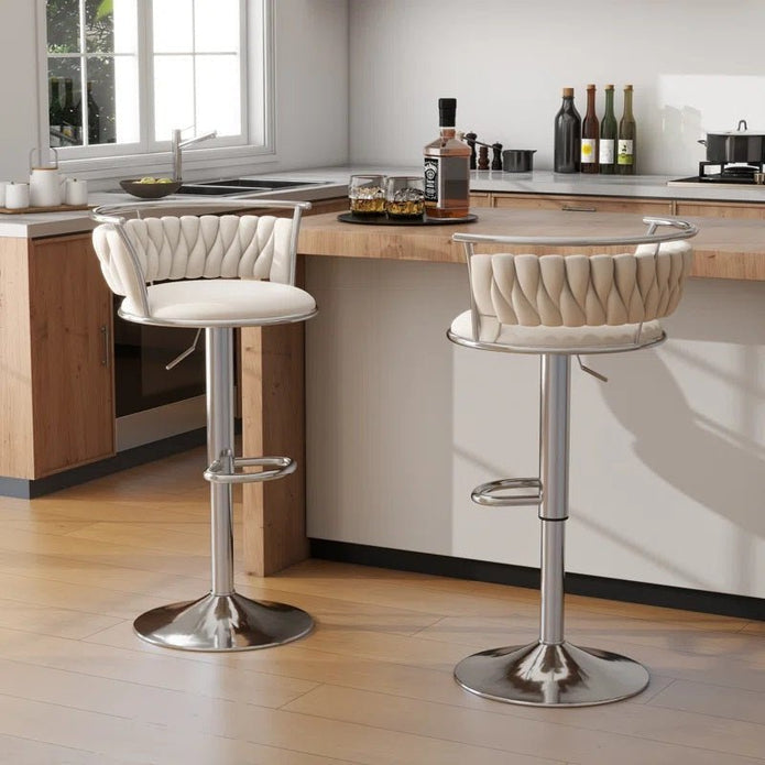 Table & Bar Stools: SERENITà Silver Swivel Upholstered Velvet Adjustable Height Counter Stool with Metal Frame White (Set of 2)