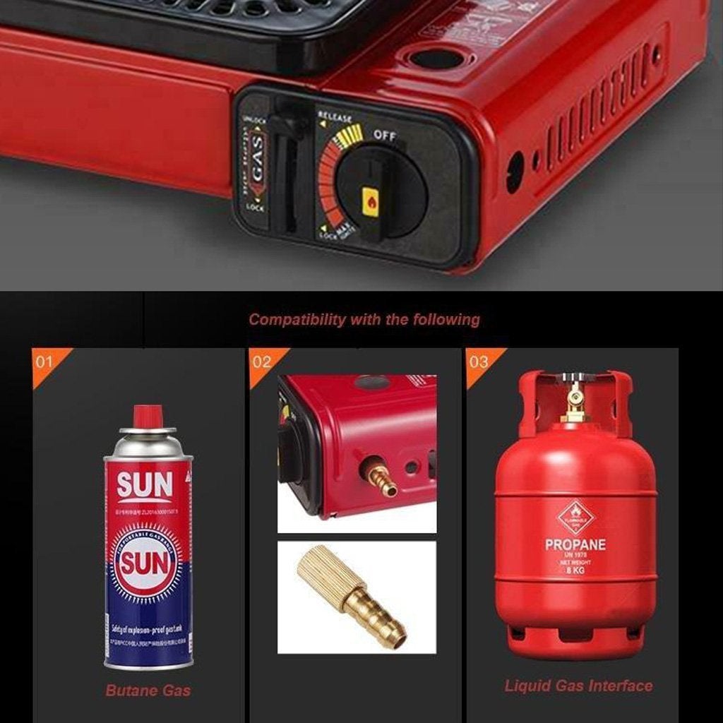BBQ Tools: Portable Gas Stove Burner Butane BBQ Camping Gas Cooker With Non Stick Plate Black with Fish Pan and Lid