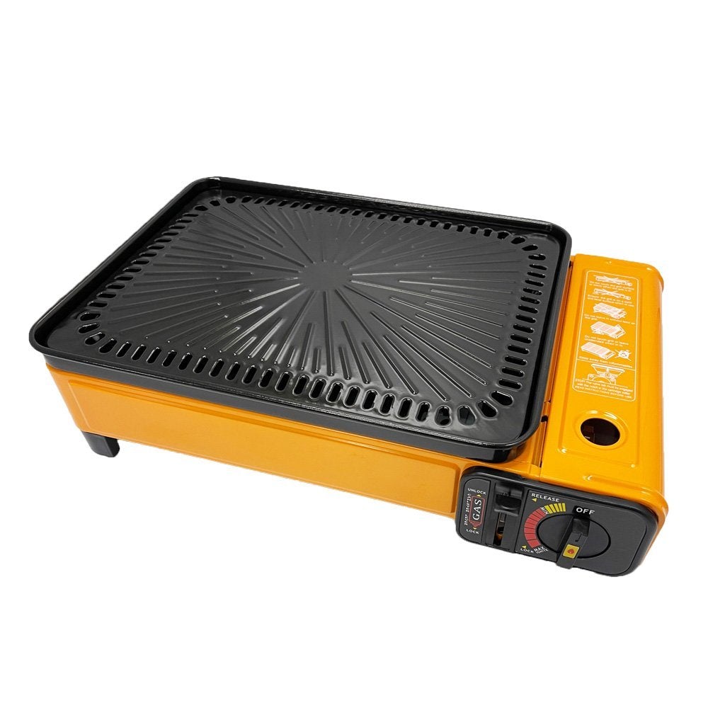 BBQ Tools: Portable Gas Stove Burner Butane BBQ Camping Gas Cooker With Non Stick Plate Black with Fish Pan and Lid