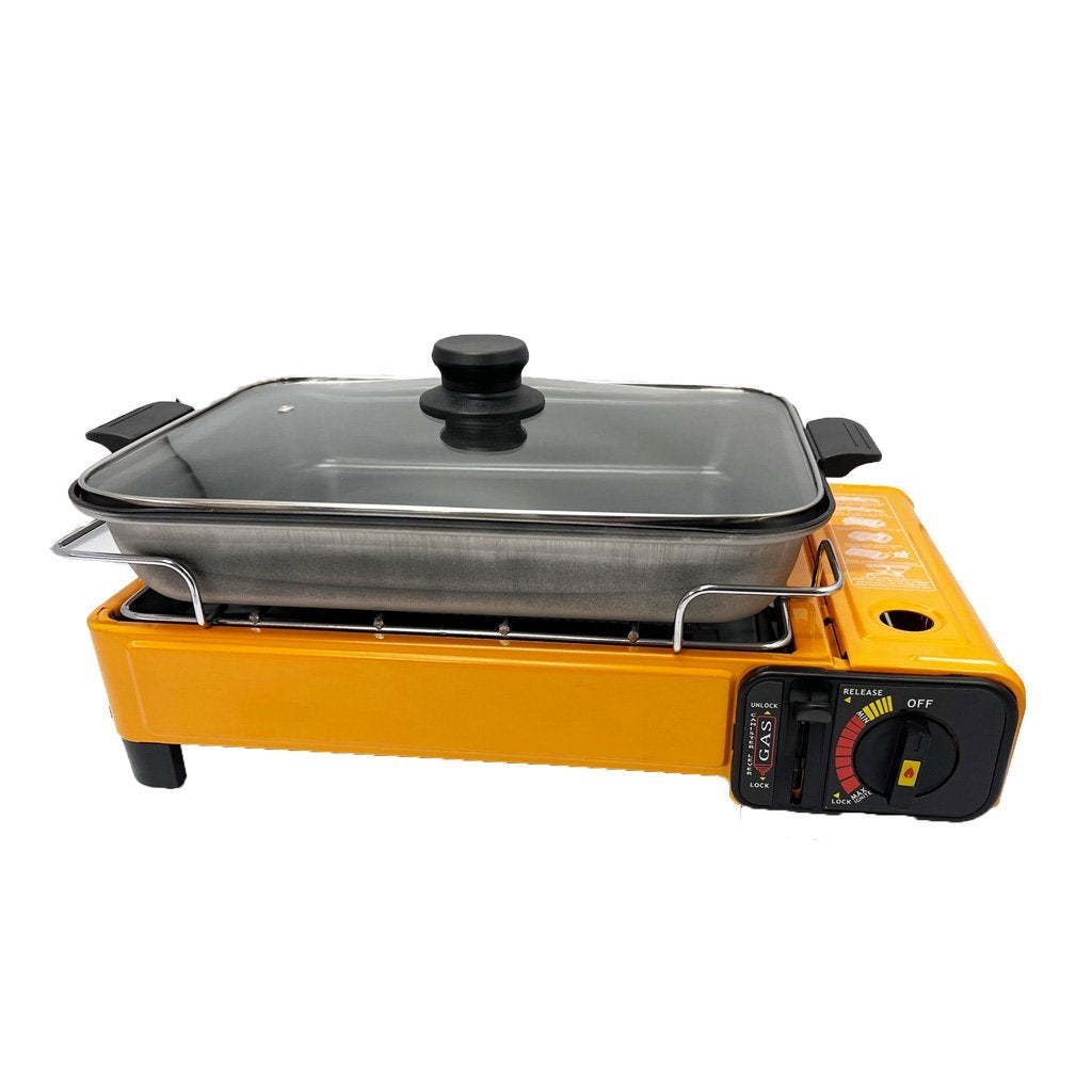 BBQ Tools: Portable Gas Stove Burner Butane BBQ Camping Gas Cooker With Non Stick Plate Black with Fish Pan and Lid