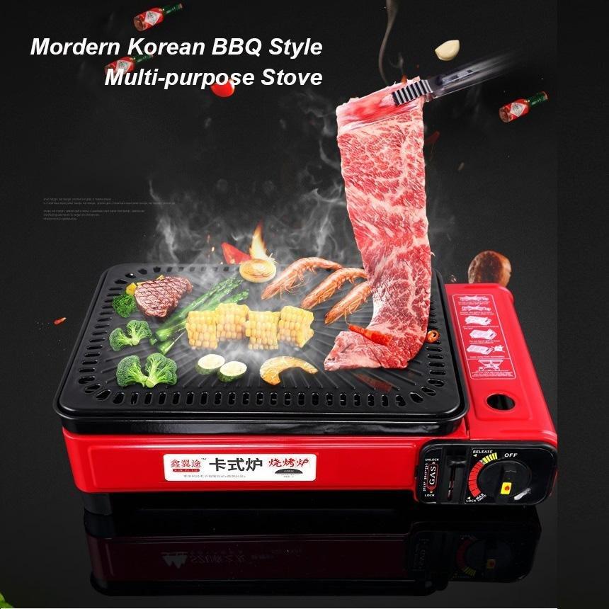 BBQ Tools: Portable Gas Stove Burner Butane BBQ Camping Gas Cooker With Non Stick Plate Black with Fish Pan and Lid