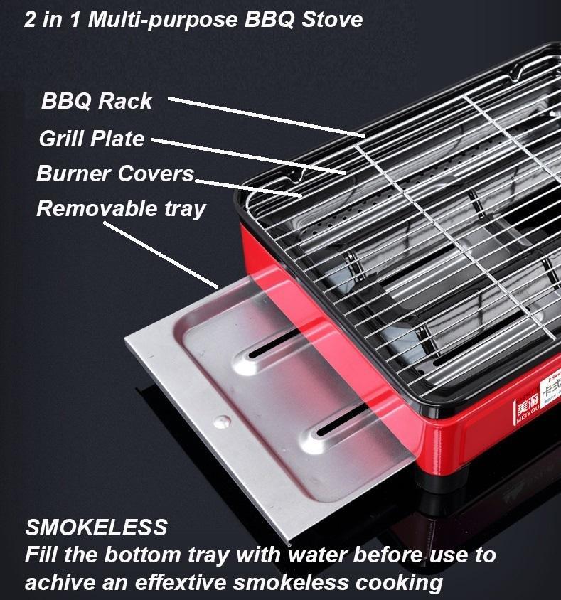 BBQ Tools: Portable Gas Stove Burner Butane BBQ Camping Gas Cooker With Non Stick Plate Black with Fish Pan and Lid