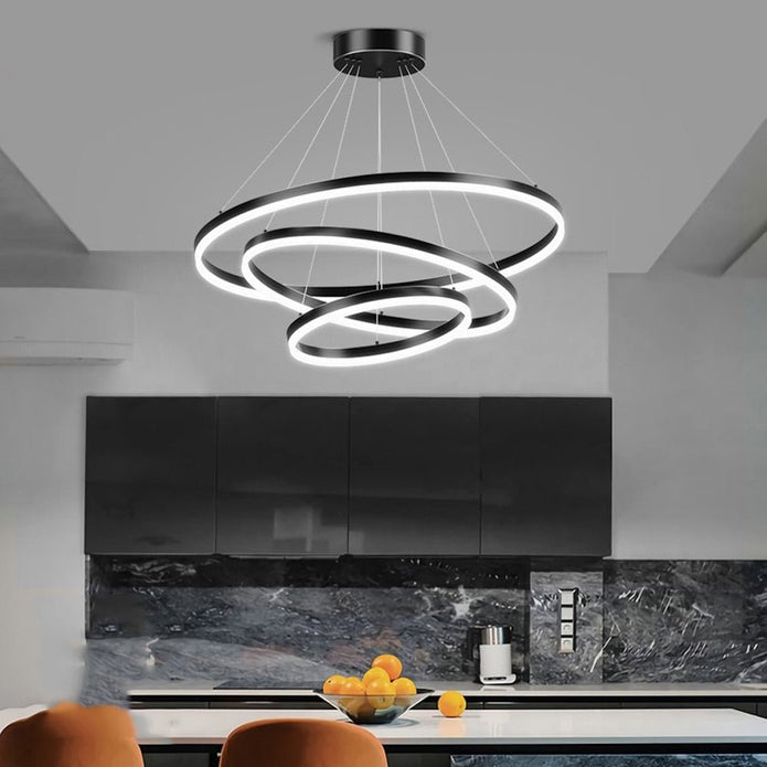 Ceiling Lights: Black 3 Rings Minimalist LED Pendant Light Adjustable Circular Chandelier