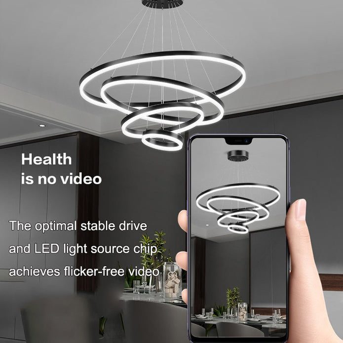 Ceiling Lights: Black 5 Rings Minimalist LED Pendant Light Adjustable Circular Chandelier