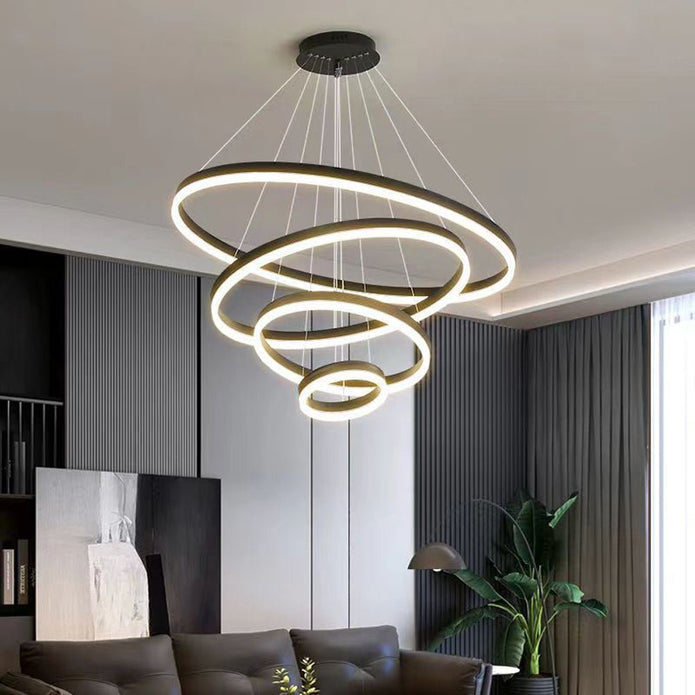 Ceiling Lights: Black 5 Rings Minimalist LED Pendant Light Adjustable Circular Chandelier