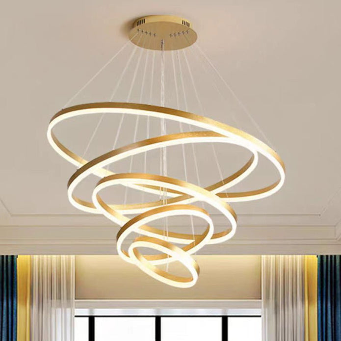 Ceiling Lights: Gold 4 Rings Minimalist LED Pendant Light Adjustable Circular Chandelier