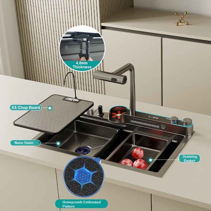Shower Accessories: 2024 Integrated Waterfall Kitchen Sink Honeycomb Technology Large Digitial Display Stainless Steel Water Filter Cup Washer