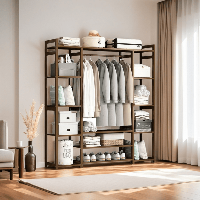 Clothing & Wardrobe Storage: Bamboo Clothes Rack Garment Closet Storage Organizer Hanging Rail Shelf Dress room 130cm