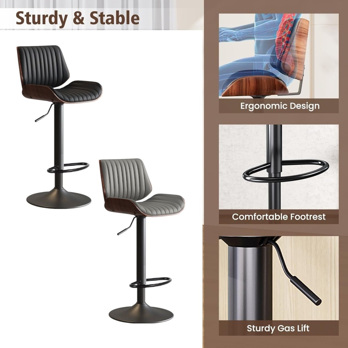 Kitchen & Dining Chairs: SERENITà European Wooden Modern Bar Stools Bistro Stool with Rotating and Aerodynamic Multi-levelled (Grey)