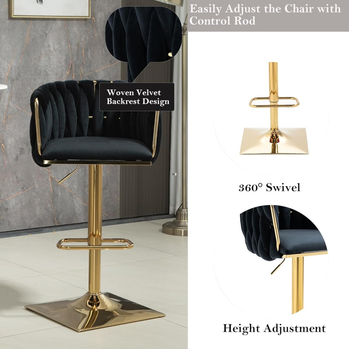 Table & Bar Stools: SERENITà Modern Velvet Breakfast Bar Stools Swivel Barstools Adjustable Counter Stools with Backrest Set of 2 Black