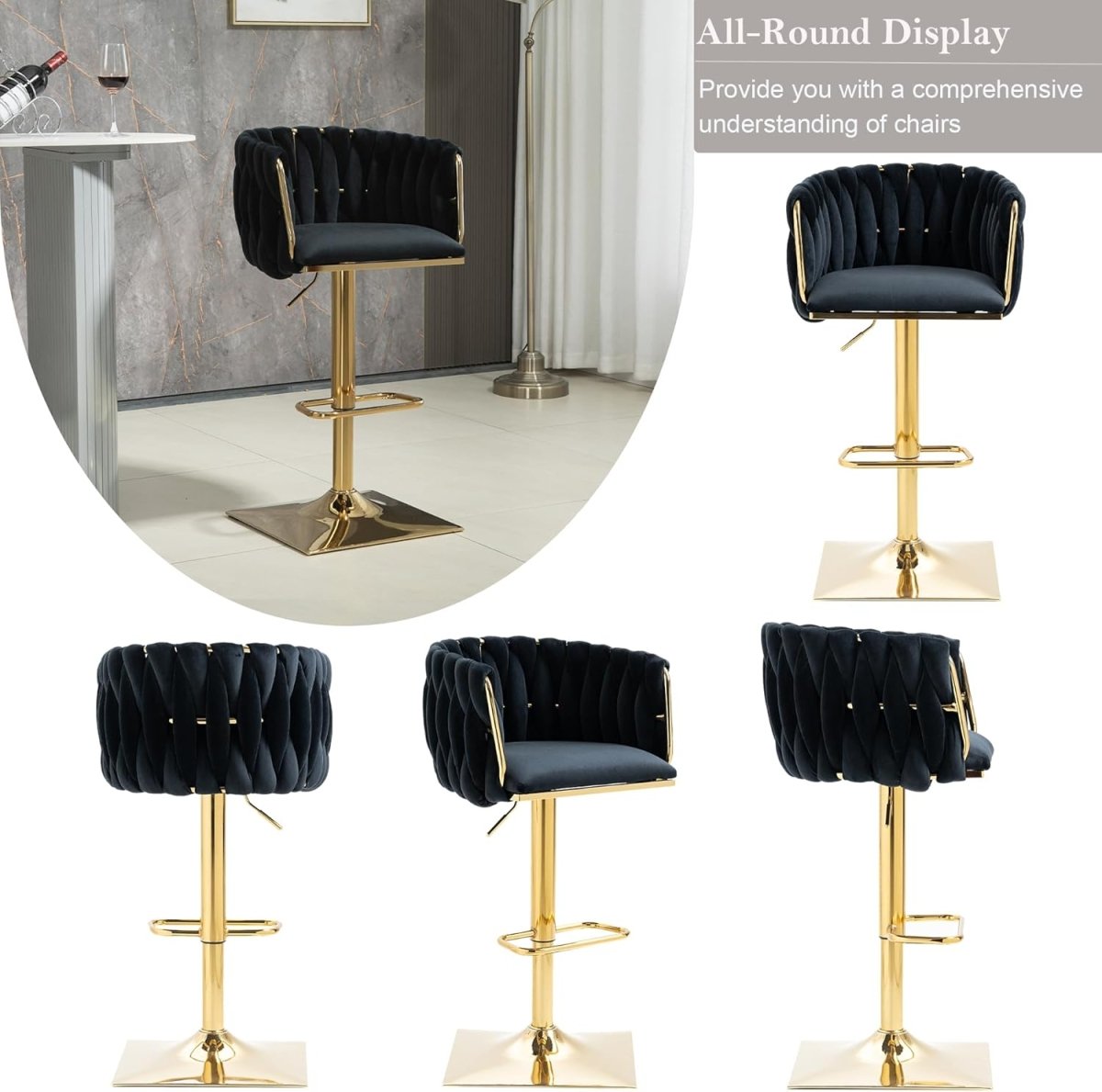 Table & Bar Stools: SERENITà Modern Velvet Breakfast Bar Stools Swivel Barstools Adjustable Counter Stools with Backrest Set of 2 Black