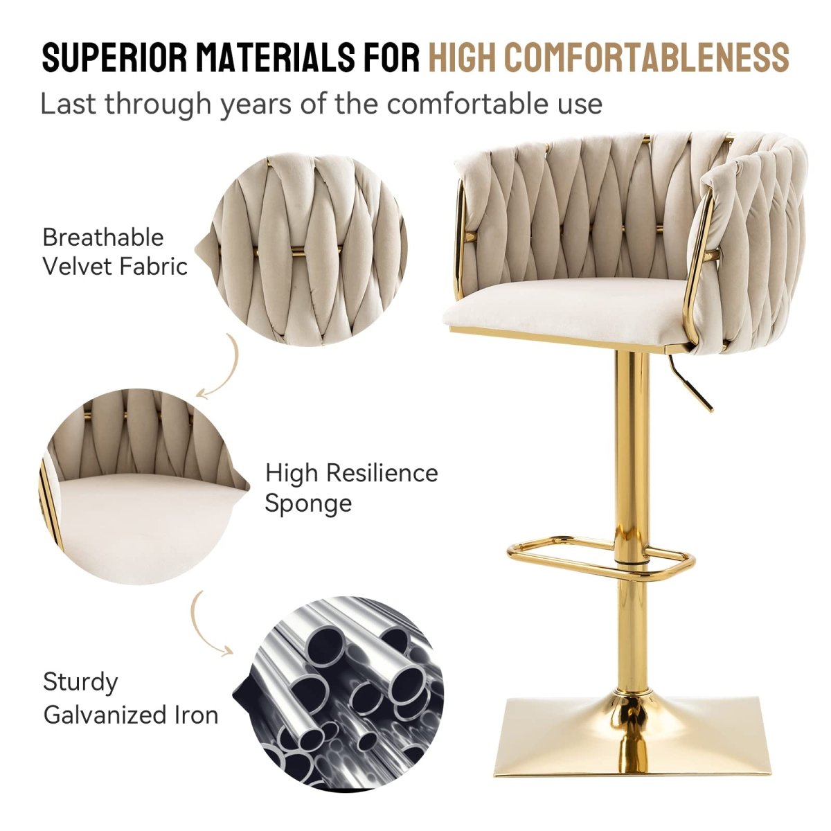 Table & Bar Stools: SERENITà Modern Velvet Breakfast Bar Stools Swivel Barstools Adjustable Counter Stools with Backrest Set of 2 iVORY