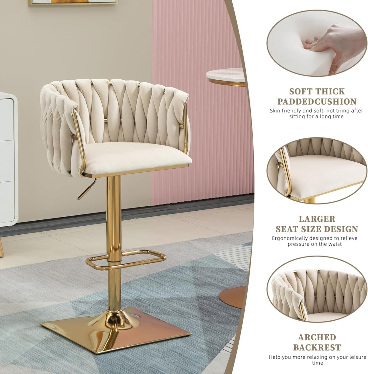 Table & Bar Stools: SERENITà Modern Velvet Breakfast Bar Stools Swivel Barstools Adjustable Counter Stools with Backrest Set of 2 iVORY
