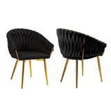 Kitchen & Dining Chairs: SERENITà Black Modern Velvet Dining Chairs, Upholstered Living Room Chair with Woven Back and Golden Metal Legs, Mid-Century Accent Set of 2(BLACK)