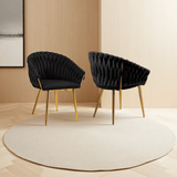 Kitchen & Dining Chairs: SERENITà Black Modern Velvet Dining Chairs, Upholstered Living Room Chair with Woven Back and Golden Metal Legs, Mid-Century Accent Set of 2(BLACK)