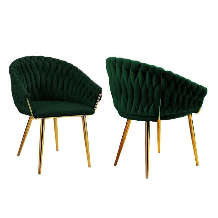 Kitchen & Dining Chairs: SERENITà Emerald Green Modern Velvet Dining Chairs, Upholstered Living Room Chair with Woven Back and Golden Metal Legs, Mid-Century Accent Set of 2(GREEN)