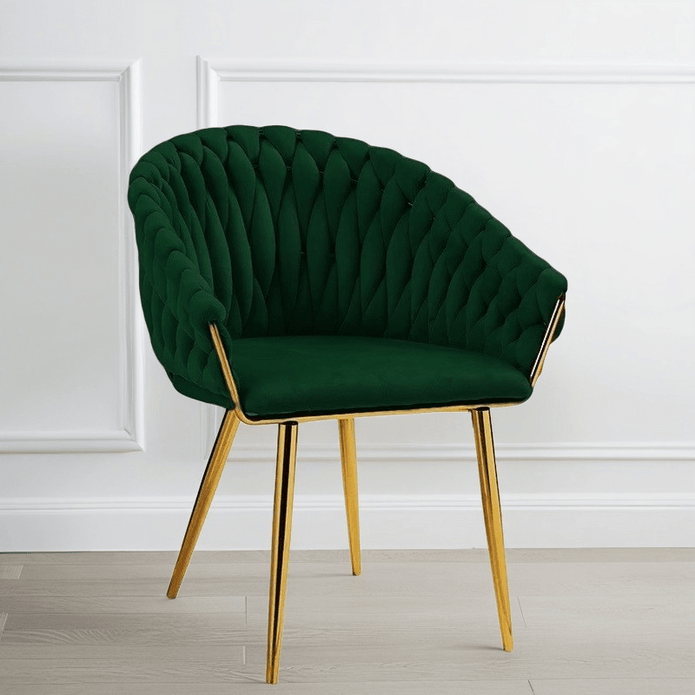 Kitchen & Dining Chairs: SERENITà Emerald Green Modern Velvet Dining Chairs, Upholstered Living Room Chair with Woven Back and Golden Metal Legs, Mid-Century Accent Set of 2(GREEN)