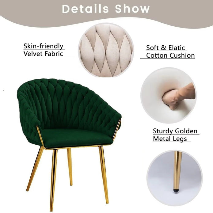 Kitchen & Dining Chairs: SERENITà Emerald Green Modern Velvet Dining Chairs, Upholstered Living Room Chair with Woven Back and Golden Metal Legs, Mid-Century Accent Set of 2(GREEN)