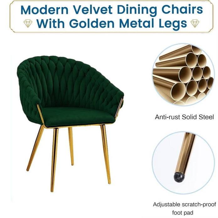 Kitchen & Dining Chairs: SERENITà Emerald Green Modern Velvet Dining Chairs, Upholstered Living Room Chair with Woven Back and Golden Metal Legs, Mid-Century Accent Set of 2(GREEN)