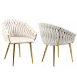 Kitchen & Dining Chairs: SERENITà Ivory Modern Velvet Dining Chairs, Upholstered Living Room Chair with Woven Back and Golden Metal Legs, Mid-Century Accent Set of 2(Ivory)