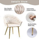 Kitchen & Dining Chairs: SERENITà Ivory Modern Velvet Dining Chairs, Upholstered Living Room Chair with Woven Back and Golden Metal Legs, Mid-Century Accent Set of 2(Ivory)