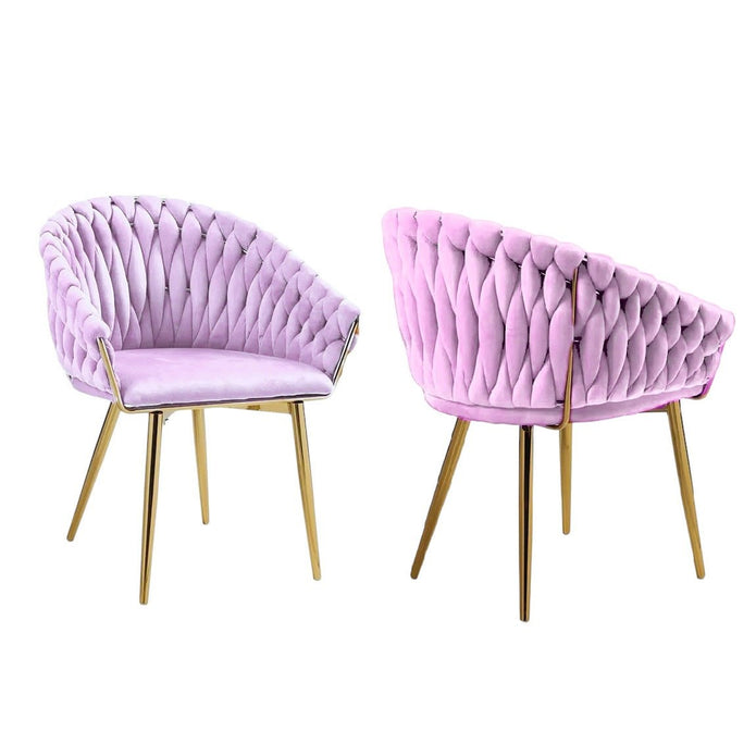 Kitchen & Dining Chairs: SERENITà Pink Modern Velvet Dining Chairs, Upholstered Living Room Chair with Woven Back and Golden Metal Legs, Mid-Century Accent Set of 2(Pink)