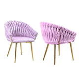 Kitchen & Dining Chairs: SERENITà Pink Modern Velvet Dining Chairs, Upholstered Living Room Chair with Woven Back and Golden Metal Legs, Mid-Century Accent Set of 2(Pink)