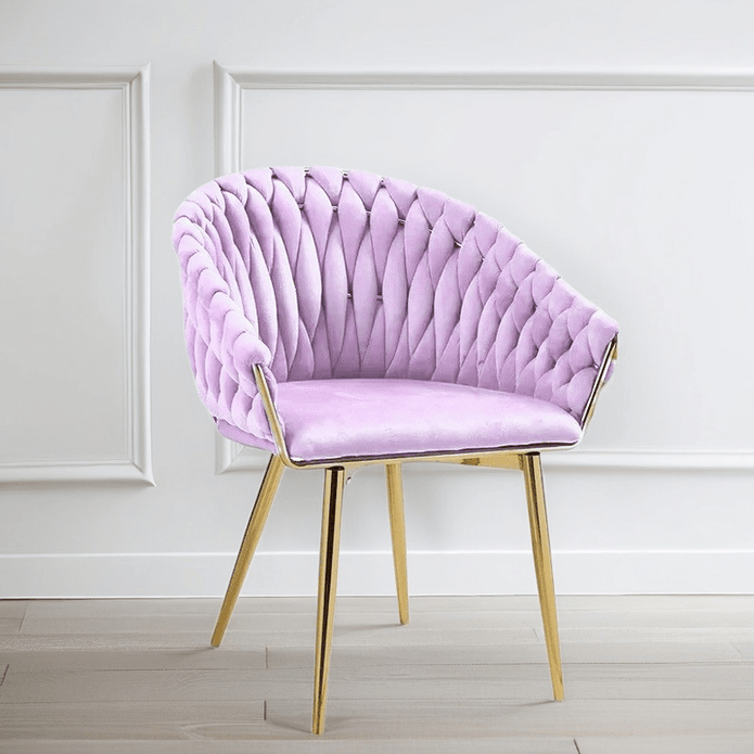 Kitchen & Dining Chairs: SERENITà Pink Modern Velvet Dining Chairs, Upholstered Living Room Chair with Woven Back and Golden Metal Legs, Mid-Century Accent Set of 2(Pink)