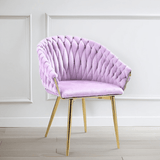 Kitchen & Dining Chairs: SERENITà Pink Modern Velvet Dining Chairs, Upholstered Living Room Chair with Woven Back and Golden Metal Legs, Mid-Century Accent Set of 2(Pink)