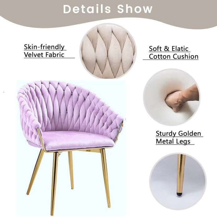 Kitchen & Dining Chairs: SERENITà Pink Modern Velvet Dining Chairs, Upholstered Living Room Chair with Woven Back and Golden Metal Legs, Mid-Century Accent Set of 2(Pink)