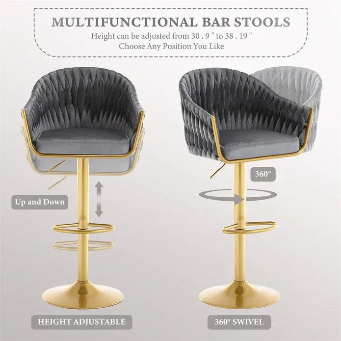 SERENITà GP1863 Modern Velvet Breakfast Bar Stools Swivel Barstools Adjustable Counter Stools with Backrest (Gold-Grey)