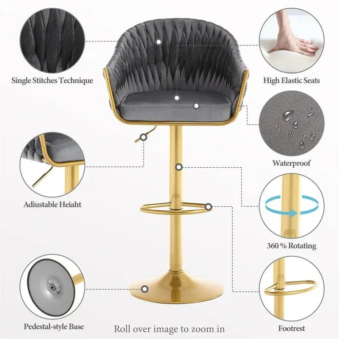 SERENITà GP1863 Modern Velvet Breakfast Bar Stools Swivel Barstools Adjustable Counter Stools with Backrest (Gold-Grey)