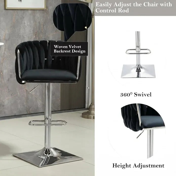 SERENITà Modern Velvet Breakfast Bar Stools Swivel Barstools Adjustable Counter Stools with Backrest (Silver-Black)